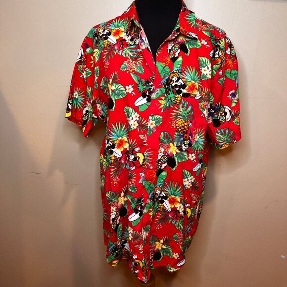 Disney Mickey Mouse Minnie Summer Hawaiian Tropical Red Button Down Shirt - Picture 1 of 9